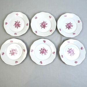 Bohemian Czechoslovakia 7" China Plates 6 Dessert Salad Roses Pink Gold Vintage